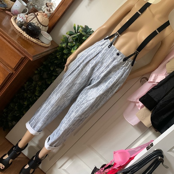 Vtg 80s striped denim pleated front suspender jeans 26 waist - Picture 7 of 13